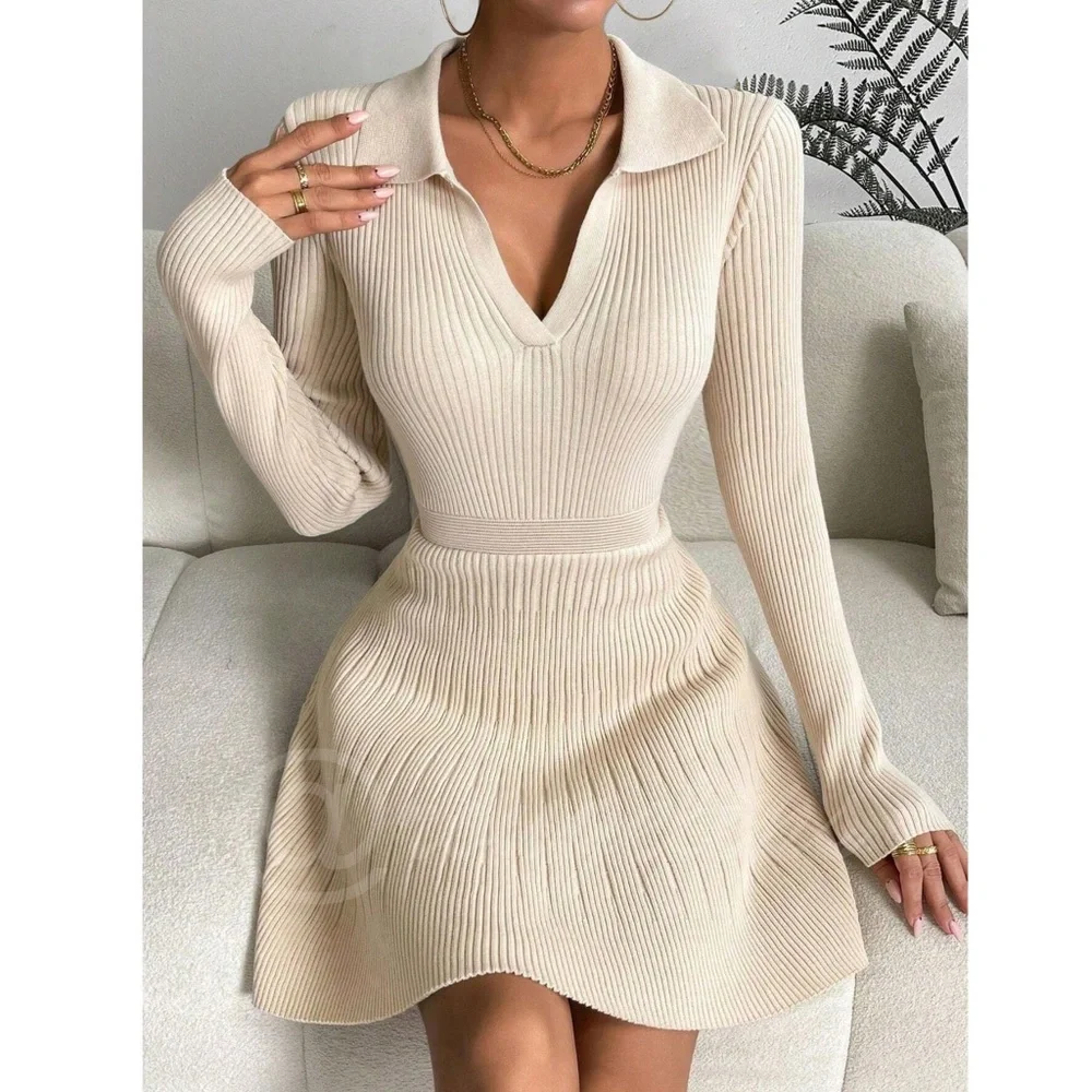 Beige Rib Knit Ruffle Hem V-Neck Mini Dress Collared Long Sleeve Stretchy - Picture 2 of 8